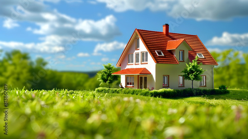Wallpaper Mural Miniature house on green meadow with blue sky and clouds background Torontodigital.ca