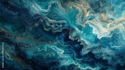 Swirling turquoise and navy patterns evoke the natural movement of water in a captivating abstract design.