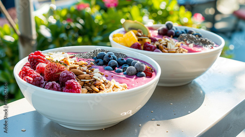 Smoothie bowls topped with seeds, nuts, and berries