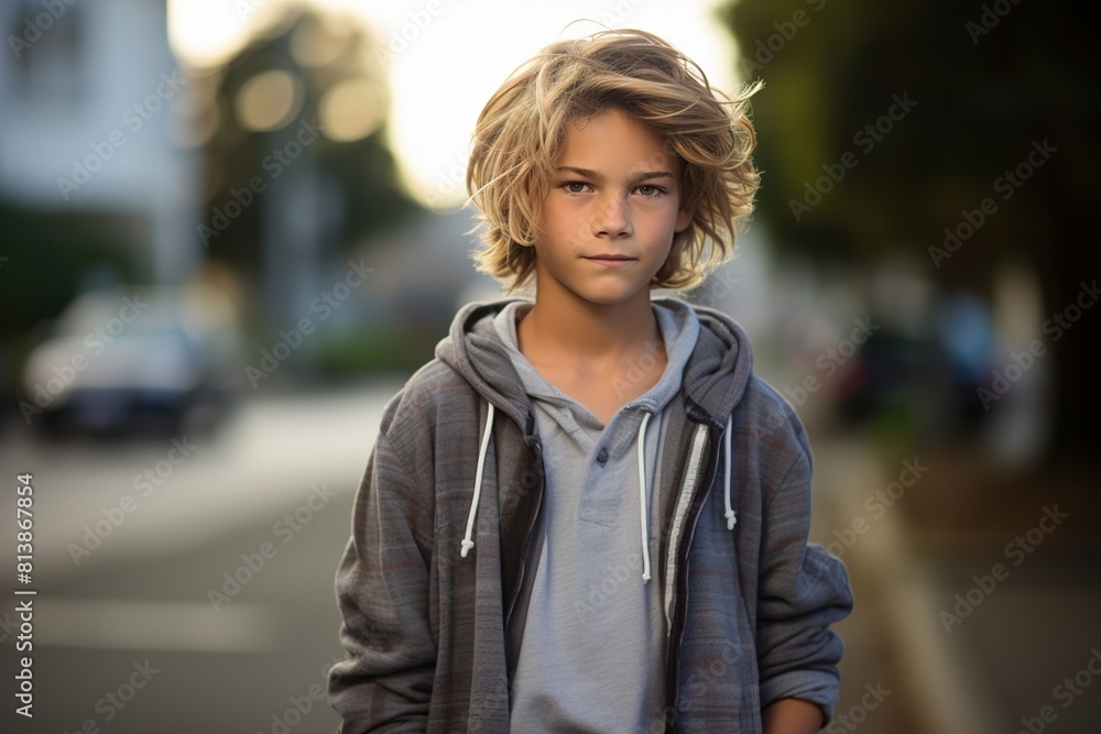 A young boy with a messy haircut stands on a street in front of a car A young boy with a messy haircut stands on a street in front of a car