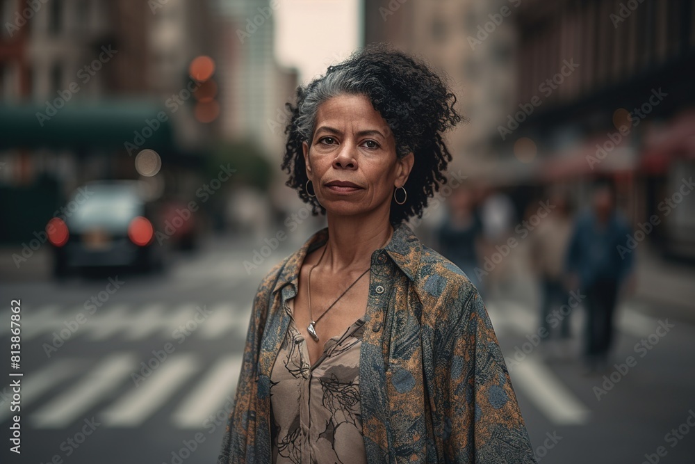 A woman with a necklace and a blue shirt stands on a street corner A woman with a necklace and a blue shirt stands on a street corner
