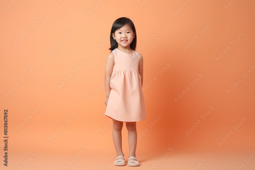 A young girl is standing in front of a bright orange background A young girl is standing in front of a bright orange background