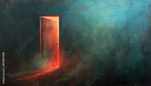 Bring the moment of the door slamming to life in a surrealistic oil painting; show the door morphing into a mysterious portal