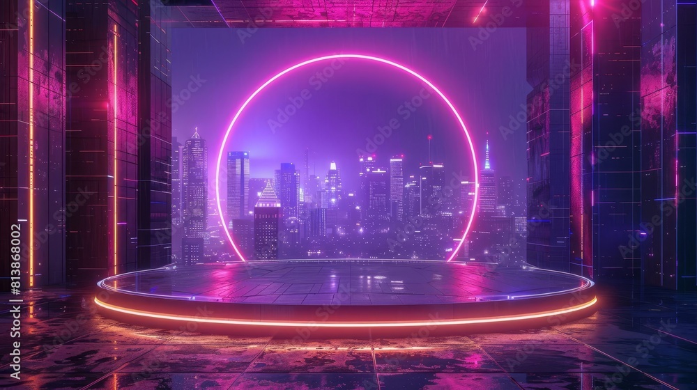 Create a 3D rendering of a futuristic cityscape with a large glowing circle in the center