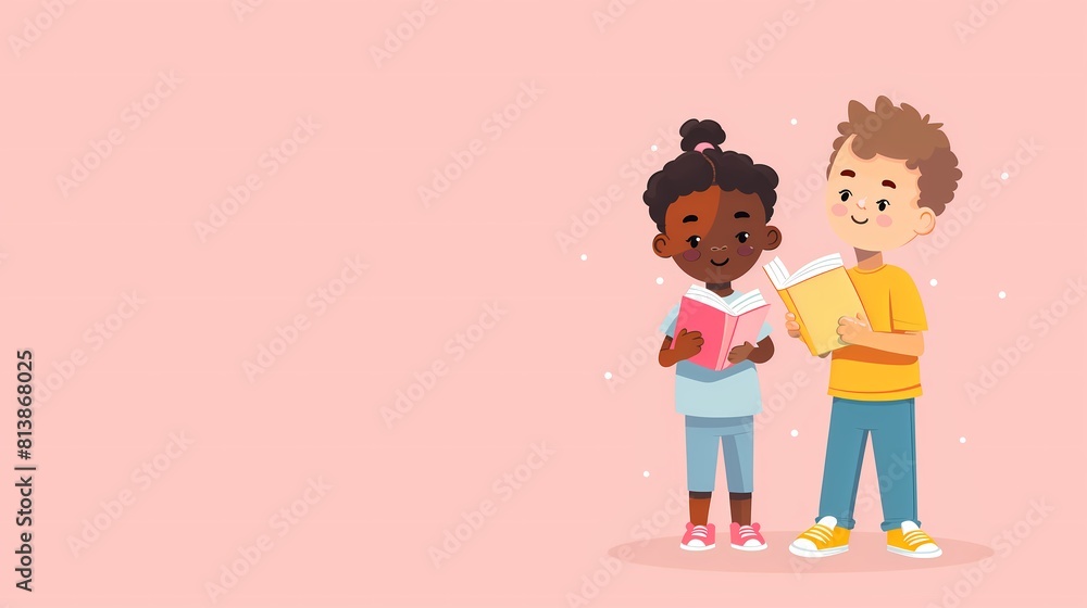 illustration of an African American girl and white boy standing and reading a book on a pastel pink background with copy space illustration of an African American girl and white boy standing and reading a book on a pastel pink background with copy space
