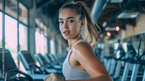 beautiful sportswoman looking away while exercising on treadmill in gym