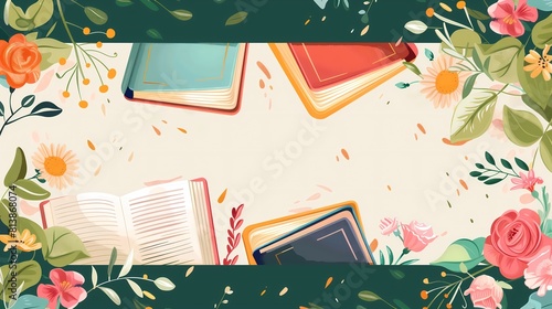 illustration of books flat lay design with floral elements and copy space