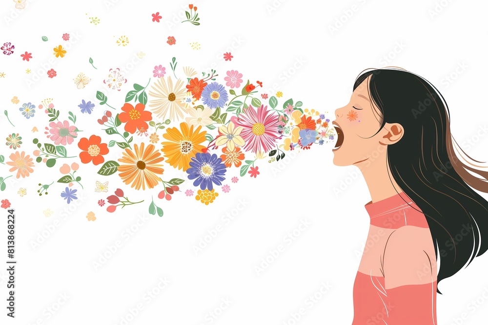 illustration of a girl singing and flowers flowing out of her mouth on a white background with copy space illustration of a girl singing and flowers flowing out of her mouth on a white background with copy space