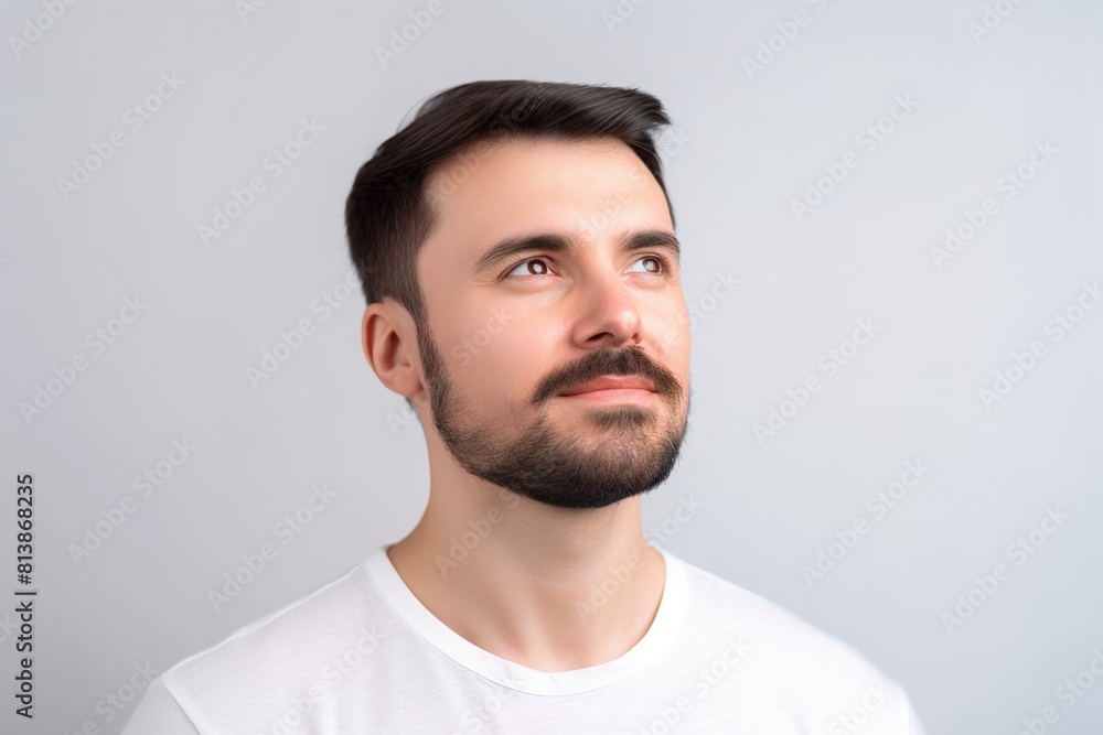 A man with a beard and a mustache is looking up at the sky
