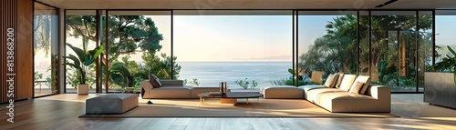 Modern house interior with large windows and ocean view