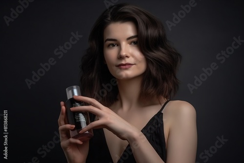 A woman is holding a bottle of perfume and smiling