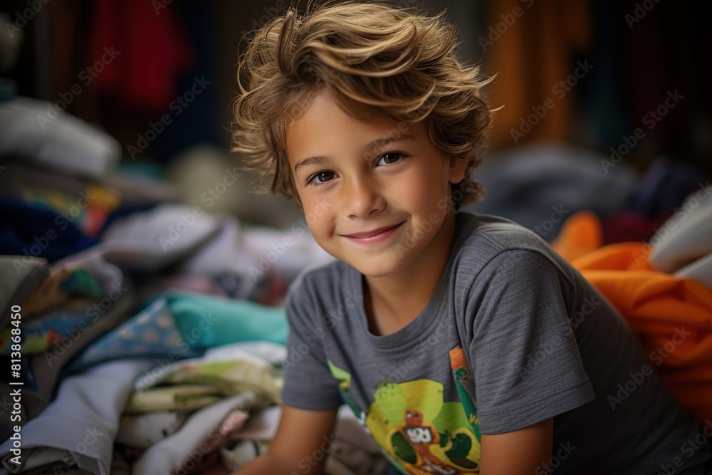 Fototapeta premium A young boy is smiling and wearing a gray shirt with a cartoon character on it
