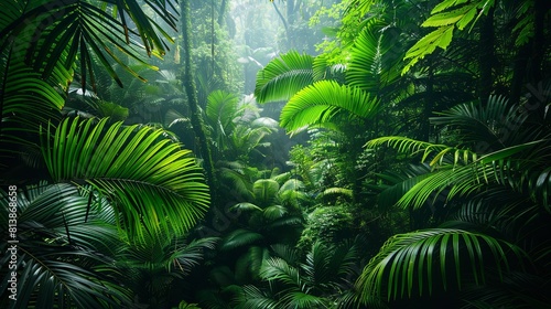 lush green foliage of a tropical rainforest with morning mist