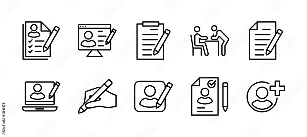© Vilogsign - Registration thin line icon set. Containing added identity document data, receptionist, register online, sign up, create or edit or write information or form with pencil on paper. Vector illustration © Vilogsign - Registration thin line icon set. Containing added identity document data, receptionist, register online, sign up, create or edit or write information or form with pencil on paper. Vector illustration