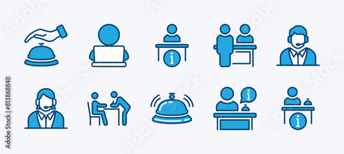 Set of reception desk icon. Containing receptionist, hotel bell, customer service, counter, information, registration, reservation, staff, guest, client, assistance, cashier. Vector illustration