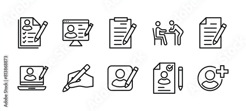 Registration thin line icon set. Containing added identity document data, receptionist, register online, sign up, create or edit or write information or form with pencil on paper. Vector illustration