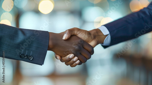 Close-up of a firm handshake between diverse business professionals with a defocused modern office environment setting in the background
