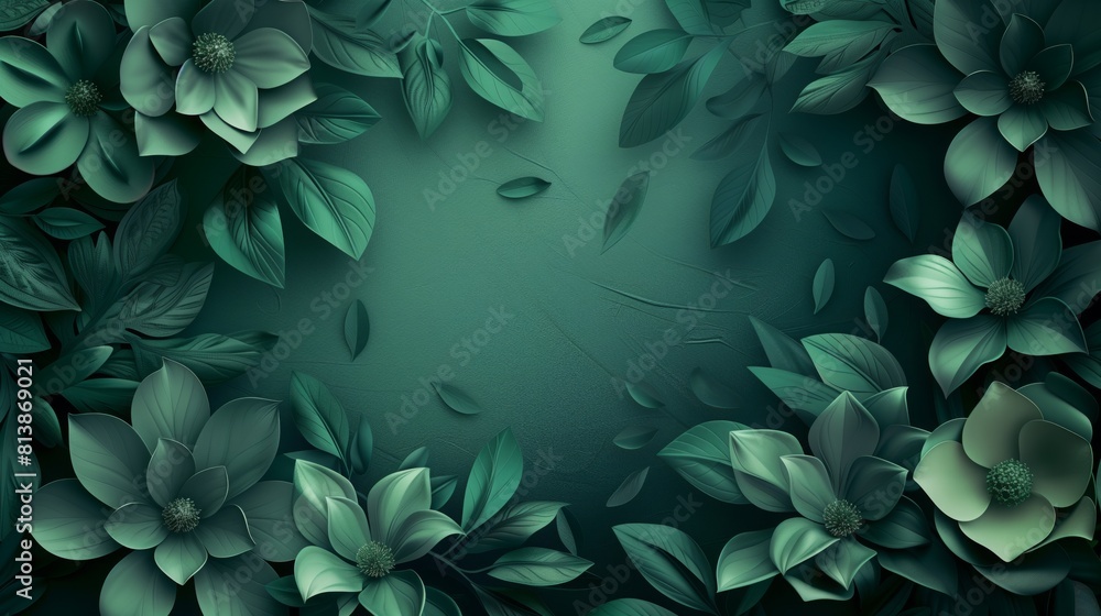 Vibrant green background filled with various leaves and colorful flowers creating a bold and lively abstract pattern