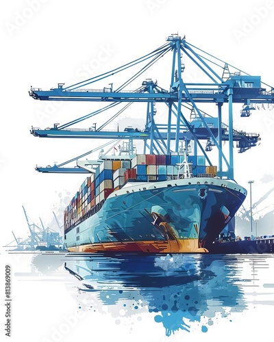 Generate a professional watercolor painting of a container ship docked at a busy port with multiple gantry cranes in the background. photo