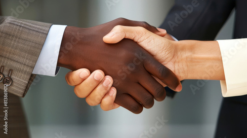 Close-up view of a handshake between diverse business partners, symbolizing partnership, agreement, and mutual respect in a corporate environment