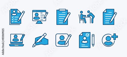 Set of registration icon. Containing added identity document data, receptionist, register online, sign up, create or edit or write information or form with pencil on paper. Vector illustration