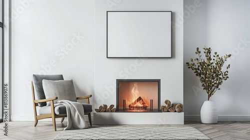 Wallpaper Mural Frame mockup, fireplace cabinet, modern living room interior, 3D render Torontodigital.ca