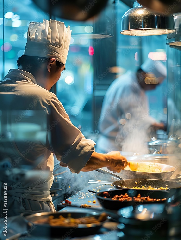 A professional chef in a white toque and white coat is cooking in a commercial kitchen A professional chef in a white toque and white coat is cooking in a commercial kitchen