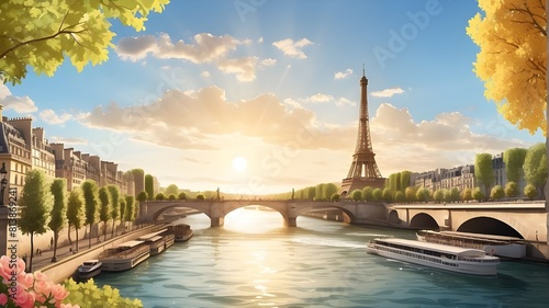 The Eiffel Tower and the Seine River in Paris, France, in the poster-style Romantic Landscapes, with the sun shining golden.