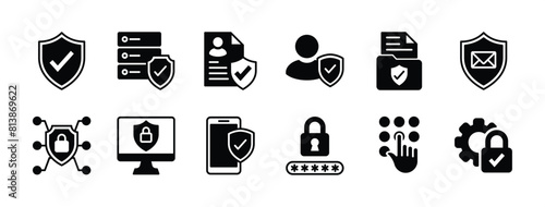 Privacy policy icon set. Containing safety, security, protection, access, protect, secure of data, document, file, information, network system, communication. Vector illustration