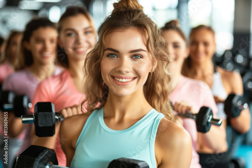 A smiling young woman with a group of friends doing dumbbell curls in a gym