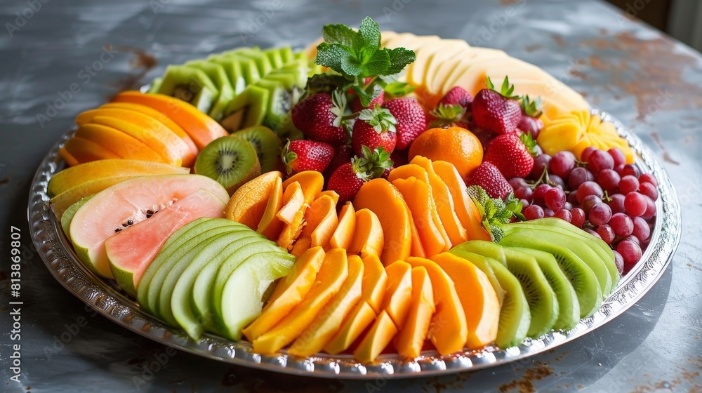 A decorative fruit platter featuring a selection of sliced fruits and vegetables, a centerpiece of health and vitality. A decorative fruit platter featuring a selection of sliced fruits and vegetables, a centerpiece of health and vitality.