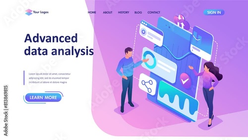 Isometric concept Young entrepreneurs review reports and analyze data