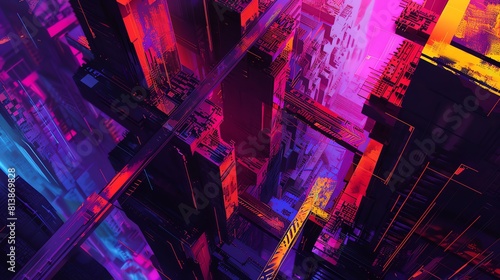 Capture the clash of cubism with cyberpunk in a high-angle view Utilize bold brush strokes and neon colors for a dynamic  futuristic feel