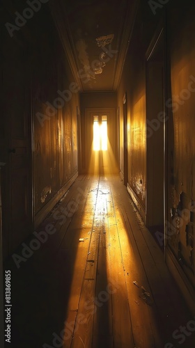 Illuminate a deserted hallway with a dim light, casting elongated shadows of unseen figures following each footstep © T
