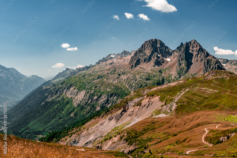 The Aiguille de Mesure and the Aiguille de la Tête Plate from the climb to the Col de Balme The Aiguille de Mesure and the Aiguille de la Tête Plate from the climb to the Col de Balme
