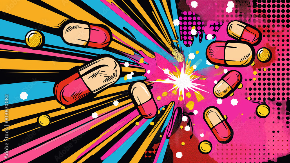 Fototapeta premium Pop art comic medicine pills and supplement capsules poster. Colorful background in pop art retro comic style.