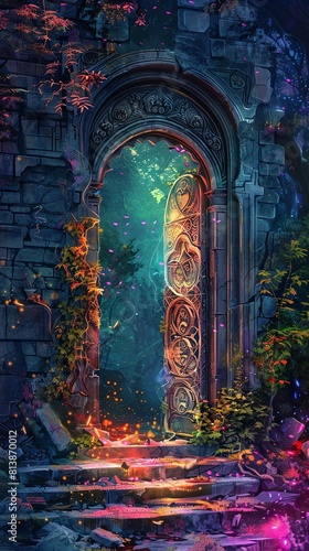 Illustrate a fantasy-themed low-angle view of a mystical door unfolding its secrets Utilize vibrant colors and intricate designs