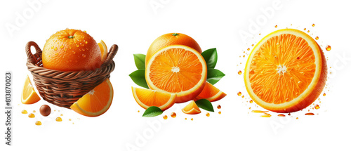 Fresh navel oranges with orange flakes isolated on transparent photo