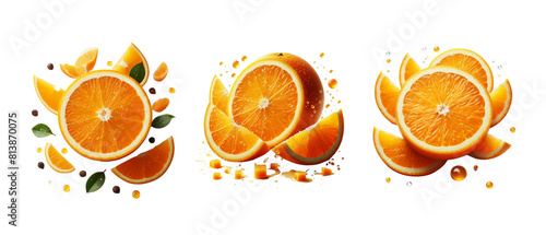 Set of fresh orange with orange flakes isolated