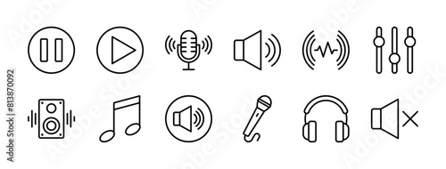 Audio button thin line icon set. Containing music, sound, speaker volume, play, video, pause, equalizer, loudspeaker, mute, microphone, headset. Vector illustration