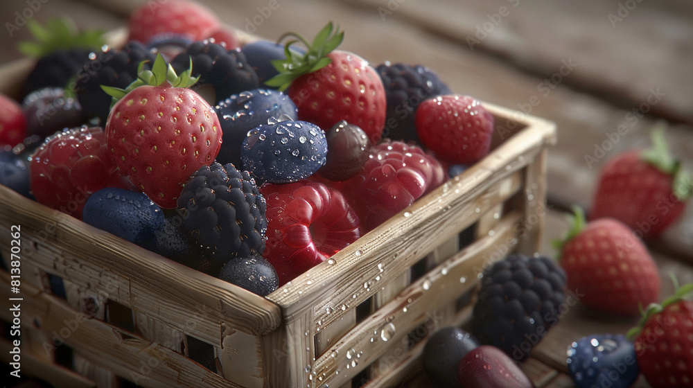A basket of berries with a few drops of water on them. A basket of berries with a few drops of water on them.