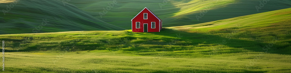 A red house stands on the green grassy hills A red house stands on the green grassy hills