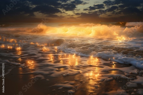Sunset light reflecting on ocean waves and wet sand