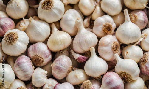 Garlic bulbs scattered on a surface. Each bulb is plump and white with slight purple tinges, and the roots of the garlic are visible and appear dry and fibrous.
