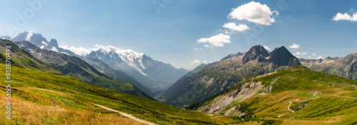 Fototapeta Naklejka Na Ścianę i Meble -  Mont-Blanc massif, Aiguille de Mesure and Aiguille de la Tête Plate from the climb towards the Col de Balme