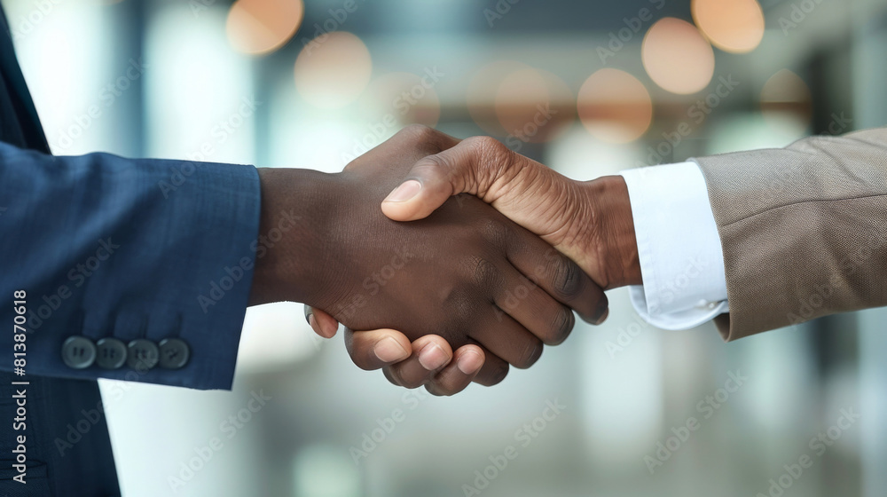 Close-up image capturing a handshake between two people with different skin tones, symbolizing diversity and collaboration in a professional setting Close-up image capturing a handshake between two people with different skin tones, symbolizing diversity and collaboration in a professional setting