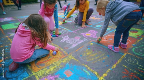 A happy group of children are engaging in leisurely sports and recreation by sitting on the ground, drawing with chalk. AIG41