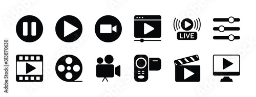 Video player icon set. Containing play or start button, pause or stop, media, camera, live, cinema, multimedia, film, handycam, clapperboard, movie, streaming or online video. Vector illustration