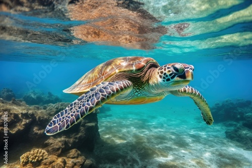 Colorful sea turtle swims gracefully among coral reefs in crystal-clear ocean water © juliars