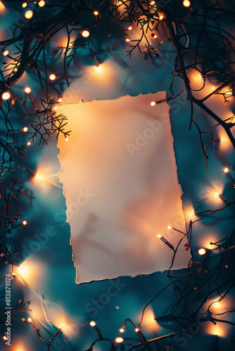 A piece of white blank paper surrounded by beautiful fairy lights  photo